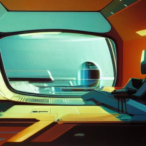 Image similar to Cozy interior of a spaceship, teal lighting, cozy lighting, space seen outside from a window, by Syd Mead, John Harris, Federico Pelat