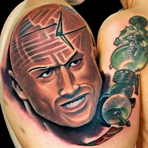Prompt: tattoo of anime dwayne the rock Johnson on arm back