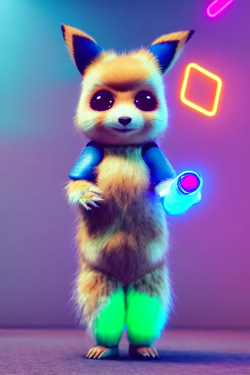 Image similar to high quality 3 d render cyberpunk very cute multicolored fluffy! quokka cyborg, robot paw, highly detailed, vray smooth, in the style of detective pikachu, hannah yata charlie immer, cinematic neon blue light, low angle, uhd 8 k, sharp focus