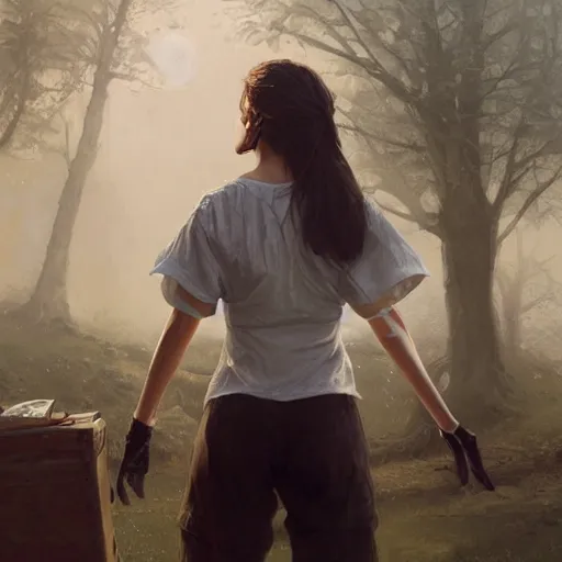 Image similar to a woman wearing a white blouse with short sleeves and hobo gloves, Matte painting , detailed painting, greg rutkowski