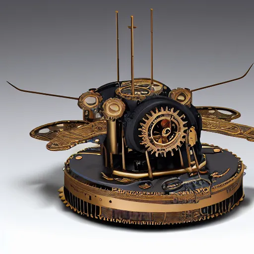 Prompt: steampunk clockwork flying hovercraft 35mm 8k product photo