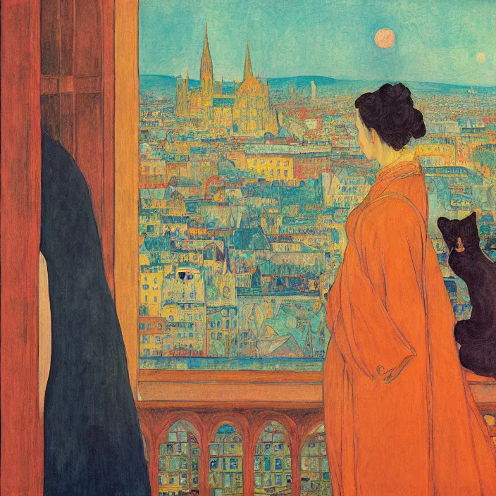 Prompt: close portrait of woman in night gown with cat and aloe vera, with city with gothic cathedral seen from a window frame with curtains. sun through the clouds, vivid iridescent colors. agnes pelton, egon schiele, henri de toulouse - lautrec, utamaro, monet