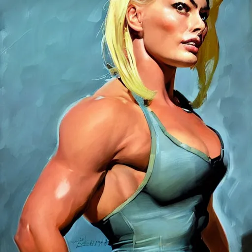 Image similar to greg manchess portrait of margot robbie as thick female bodybuilder zarya from overwatch, epic grimdark, fantasy, medium shot, asymmetrical, profile picture, organic painting, sunny day, matte painting, bold shapes, hard edges, street art, trending on artstation, by huang guangjian and gil elvgren and sachin teng