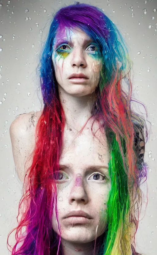Prompt: hyper realistic photograph of a grungy woman with rainbow hair, drunk, angry, soft eyes and narrow chin, dainty figure, long hair straight down, torn overalls, basic white background, side boob, in the rain, wet shirt, symmetrical, single person, style of by Jordan Grimmer and greg rutkowski, crisp lines and color,