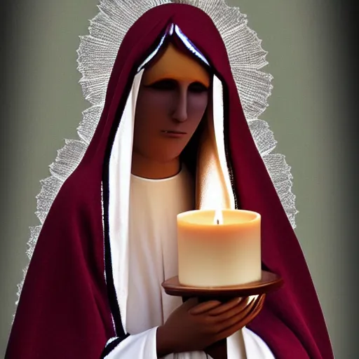 Prompt: virgin mary on a candle dressed in day if the dead dress and makeup