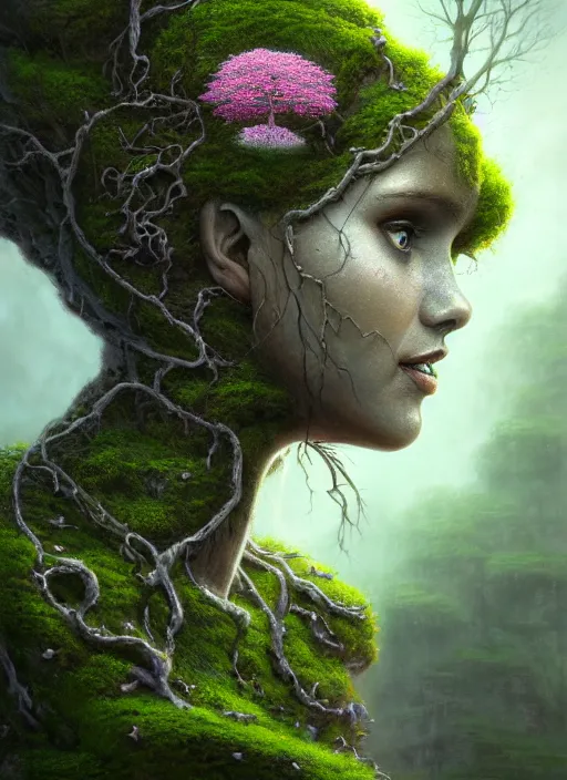 Prompt: Portrait of an Ancient Stone Robot with a tree growing out of her head, patches of moss, translucent leaves, extremly detailed digital painting, in the style of Tomasz Alen Kopera and Fenghua Zhong and Peter Mohrbacher, mystical colors, rim light, beautiful lighting, 8k, stunning scene, raytracing, octane, trending on artstation