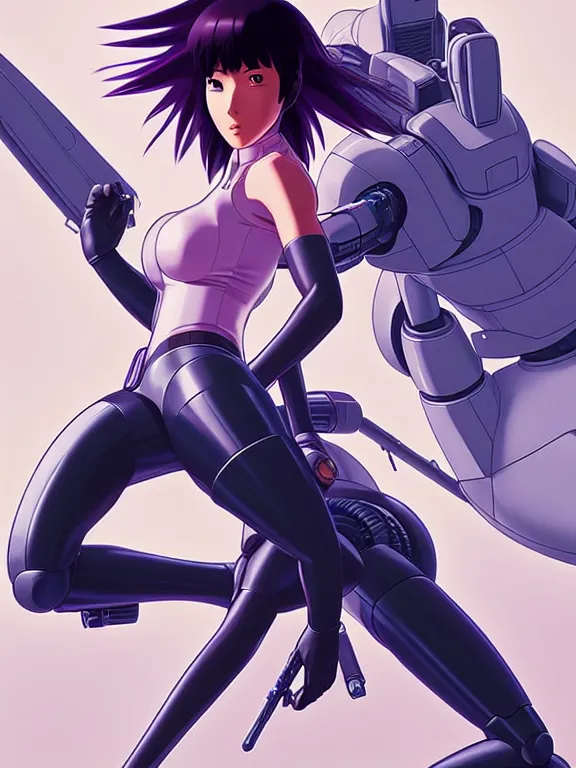 Image similar to a fullbody portrait of motoko kusanagi riding on top of a tachikoma, the major ghost in the shell : : stand alone complex, under repairs, maintenance : : by ilya kuvshinov, rossdraws, artgerm, sola digital arts, anti aliasing, raytracing : :