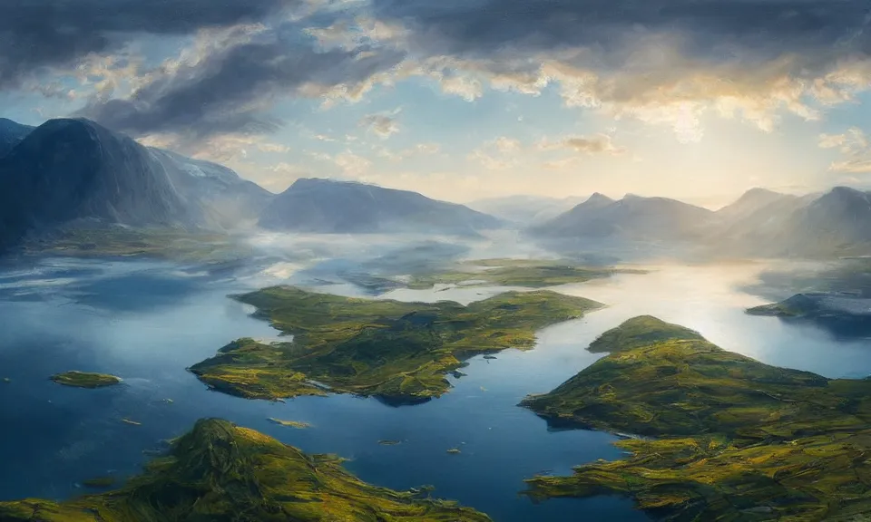 Image similar to nordic fjord, summer morning light, aerial view, beautiful landscape, cinematic light, soft illumination, cinematic composition, wide - angle, atmospheric, oil painting, trending on artstation