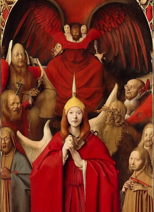 Image similar to fallen angels dressed in red with wings by Jan van Eyck, Hieronymus Bosch, Johannes Vermeer 4k post-processing, highly detailed medieval painting