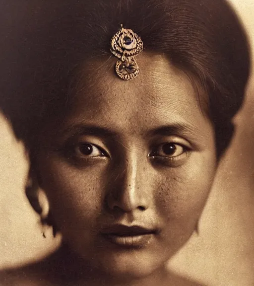 Image similar to vintage_closeup portrait_photo_of_a_stunningly beautiful_nepalese_woman with amazing shiny eyes, 19th century, hyper detailed by Annie Leibovitz