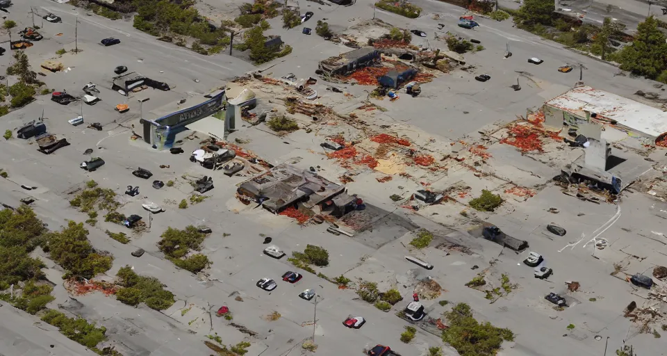 Prompt: top down aerial view of dilapidated zombie - apocalypse gas - station with supermarket and restaurants in real life, desolate with zombies, dilapidated, zombies in the streets, nightmarish, some rusted style parked vehicles, sunny weather, few clouds, volumetric lighting, photorealistic, daytime, autumn, sharp focus, ultra detailed, cgsociety