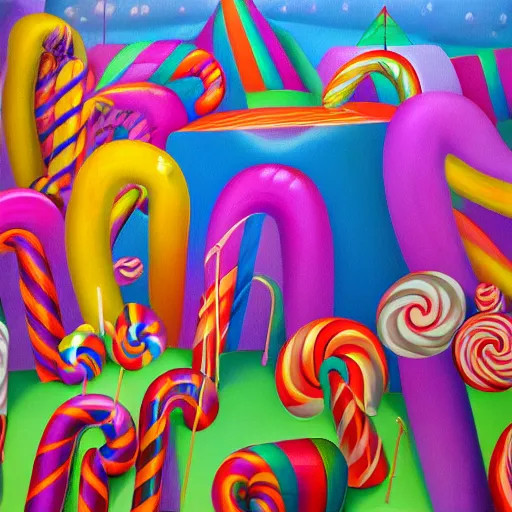 Image similar to candyland, oil and acrylic on canvas, surrealism, high detail