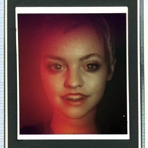 Image similar to coloured atmospheric polaroid photo of a realistic banshee transparent smoky in a interior of living room flashlight light