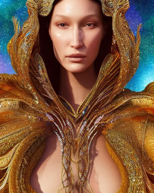 Image similar to a highly detailed metahuman 8 k close up render of bella hadid as alex grey art renaissance in iris van herpen dress schiaparelli in diamonds crystals swarovski and jewelry iridescent in style of alphonse mucha gustav klimt trending on artstation made in unreal engine 4