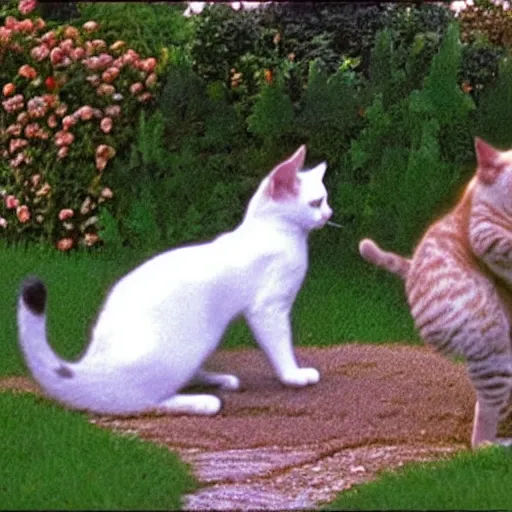 Prompt: 2 cats playing in the garden, one of them is white, by Timothy Burton, Cinematic
