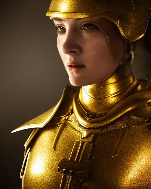 Image similar to award winning photograph portrait of woman in shining golden armor, photorealistic, shaded, cinematic lighting, high production value, intricate details, high resolution, hdr, high definition, masterpiece, realistic, ultrarealistic, highly detailed, hd, sharp focus, non blurry, sharp, smooth