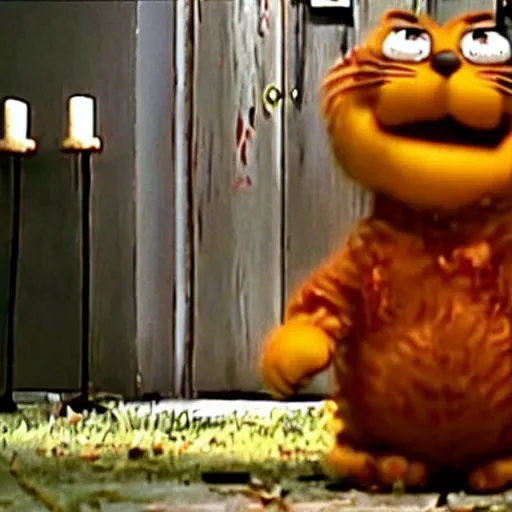 Image similar to garfield in a found footage horror movie, dark, scary