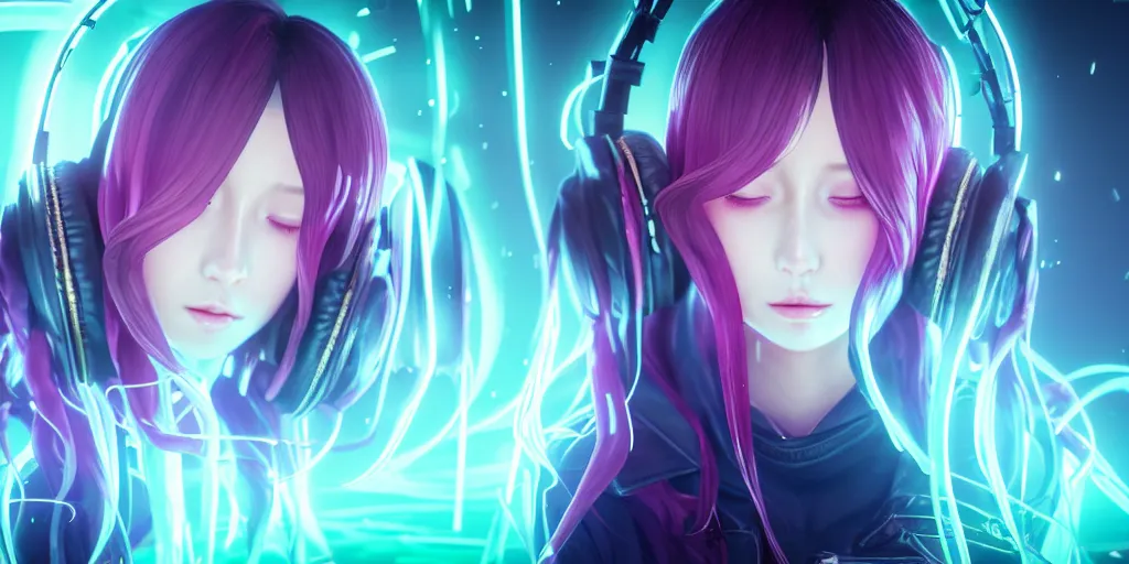 Prompt: beautiful portrait of a woman with pastel long hair with her eyes closed facing the camera centered with headphones on in the style of a code vein character, momo from twice in code vein in the style of WLOP, artgerm, yasutomo oka, rendered in unreal engine and redshift octane , background is surrounded by epic neon glitch effect digital art dynamic dramatic lighting, soft lighting, imagine fx, artstation, cgsociety, by Bandai Namco artist,