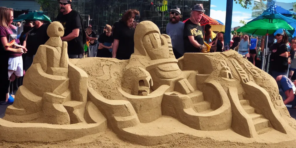 Image similar to masterfully crafted sand sculpture of a lemmy kilmister from motorhead at the playground's sandbox