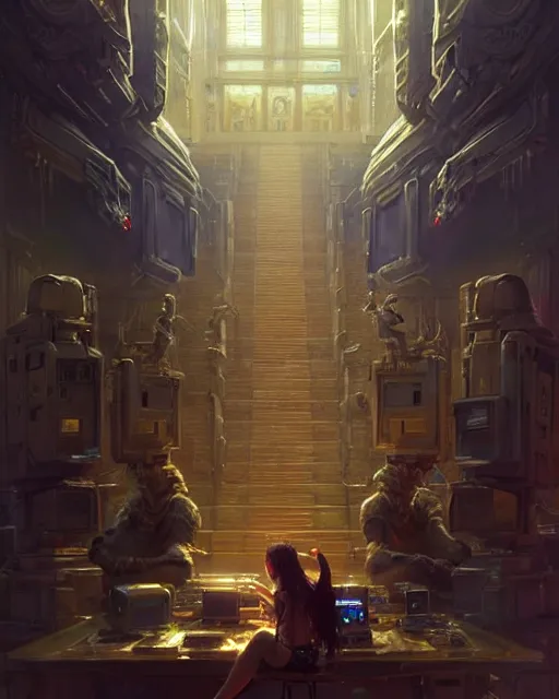 Image similar to extremely beautiful high detailed long portrait of a solid interior scene with a temple of internet. by daniel f. gerhartz and artgerm and greg rutkowski. intricate details, sci - fi details, a lot of monitors, energetic mood, golden ratio composition, trending on artstation, volumetric lighting, 4 k, 8 k