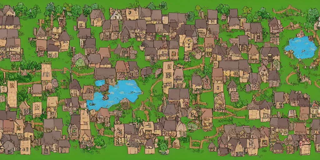 Image similar to a high detailed village vector art presenting an aerial view of a cartoonish rpg village by dungeondraft, dofus, patreon content, containing tables and walls, hd, straight lines, vector, grid, dnd map, map patreon, fantasy maps, foundry vtt, fantasy grounds, aerial view, dungeondraft, tabletop, inkarnate, dugeondraft, roll 2 0