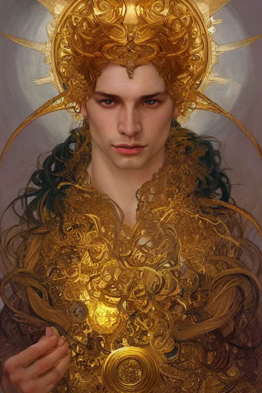 Image similar to young male god of sun, gold hair, gold eyes, tanned skin, fantasy, intricate, highly detailed, digital painting, artstation, concept art, smooth, sharp focus, art by art by Artem Demura and Alphonse Mucha, ArtGerm, valentina remenar, ruan jia