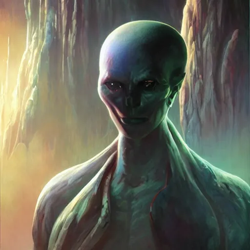 Prompt: a fantasy style portrait painting of an alien with a futuristic background and dramatic lighting oil painting unreal 5 daz. rpg portrait, extremely detailed wayne barlowe michael whelan artgerm greg rutkowski greg hildebrandt tim hildebrandt michael whelan h r giger moebius