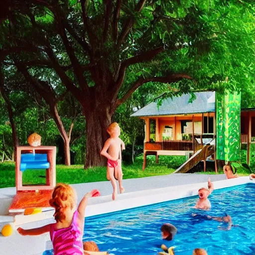 Prompt: “kids playing in pool with treehouse in background in the style of picasso”