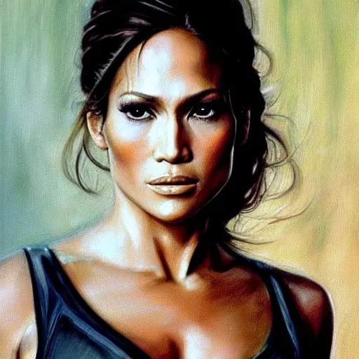 Prompt: ultra realistic portrait painting of jennifer lopez as a maid in manhattan, art by frank frazetta, 4 k, ultra realistic, highly detailed, epic lighting.