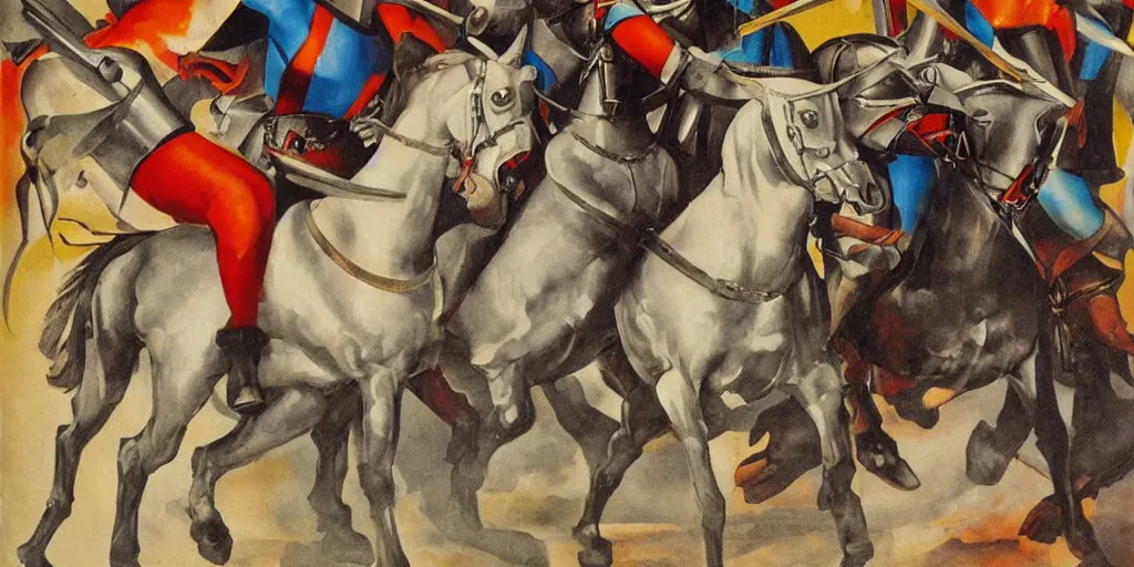 Image similar to italian futurism styled painting of a medieval knight cavalry charge