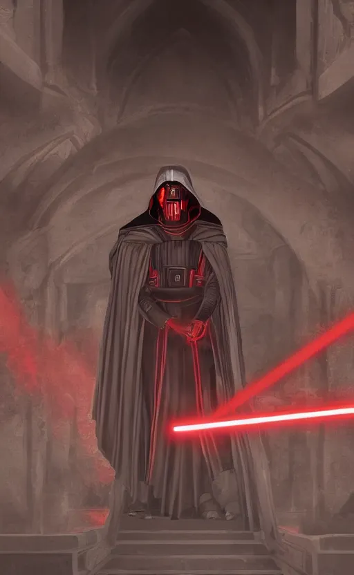 Prompt: « a beautiful sith male creating a rule of two in an ancient sith temple stylized as a catholic church, very realistic, trending on artstation »