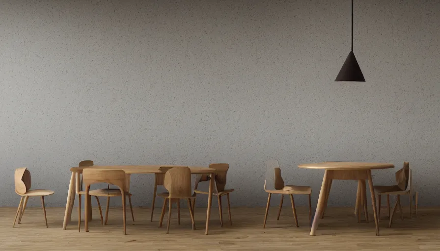 Image similar to pierre chapo style oak table with chairs in a tadao ando style interior with a serge mouille style wall lamp, in an old 3 0's abandoned rich manor, light through dusty broken windows, old curtains, dusty floor, dirts on the floor, wind, hyperdetailed, artstation, cgsociety, 8 k