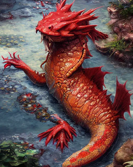 Image similar to game character beautiful giant kaiju sized pond dragon half fish half salamander, wet amphibious skin, red salamander, axolotl creature, koi pond, korean village by Ruan Jia and Gil Elvgren, fullbody