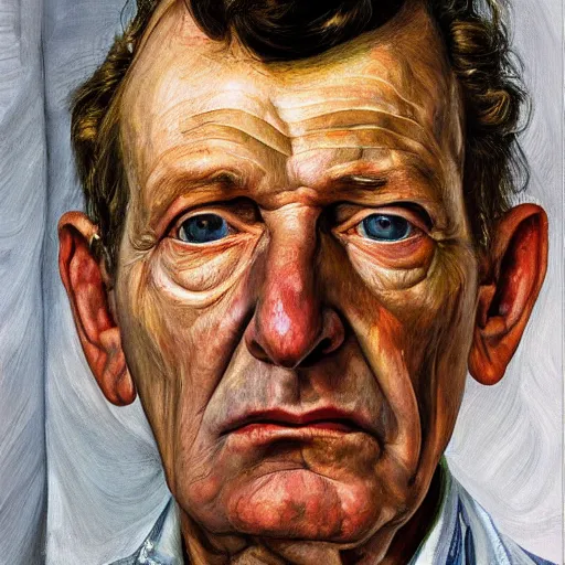 Image similar to high quality high detail painting by lucian freud, hd, exaggerated portrait of a lost soul, photorealistic lighting