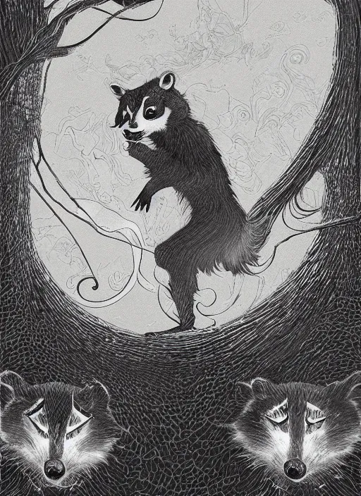 Prompt: a fantasy illustration portrait of an anthropomorphic raccoon mage, by victo ngai, by stephen gammell, by george ault, artstation