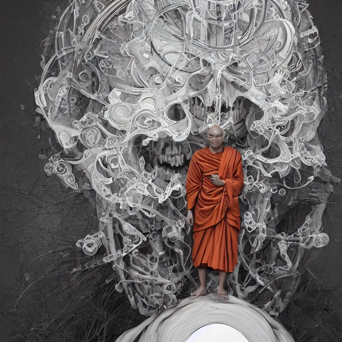 Image similar to portrait of Buddhist Monk as skeleton. intricate abstract. intricate artwork. by Tooth Wu, wlop, beeple, dan mumford. octane render, trending on artstation, greg rutkowski very coherent symmetrical artwork. cinematic, hyper realism, high detail, octane render, 8k, chrome accents