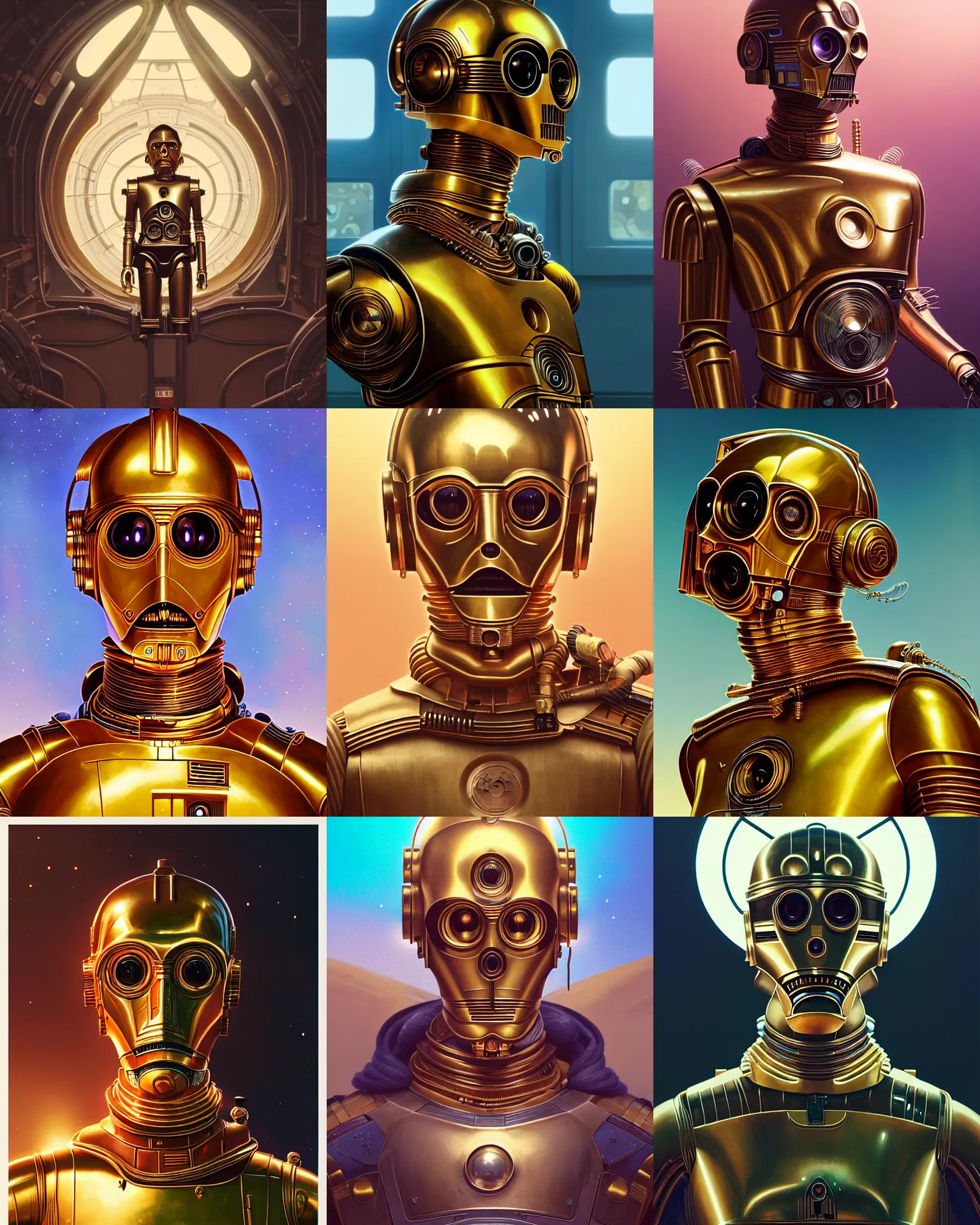 Prompt: highly detailed portrait of c 3 po, stephen bliss, unreal engine, greg rutkowski, loish, rhads, beeple, makoto shinkai and lois van baarle, ilya kuvshinov, rossdraws, tom bagshaw, alphonse mucha, global illumination, detailed and intricate environment