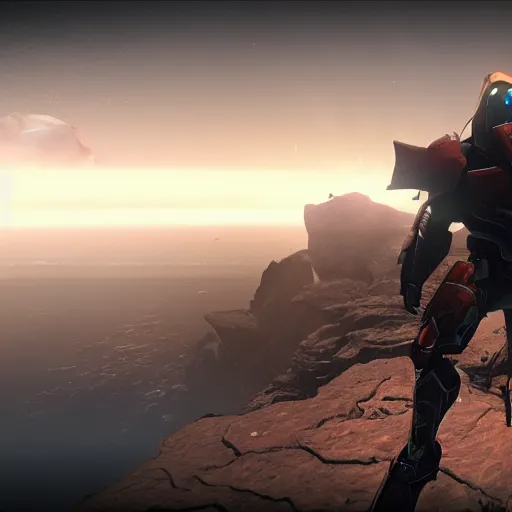 Prompt: Destiny Titan stands on the edge of a cliff, video game cutscene, 4k