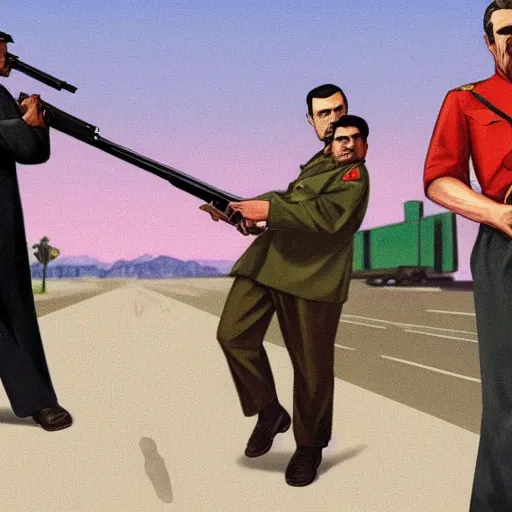 Image similar to joseph stalin pointing a gun at person in GTA V loading screen, HD