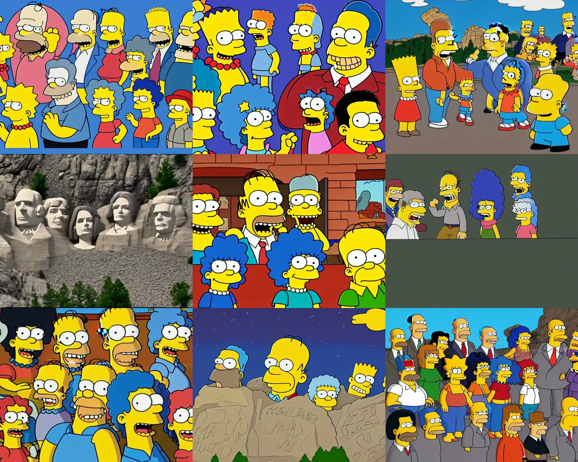 Prompt: mount rushmore with the faces of the simpsons, cartoon, homer, marge, lisa, bart, maggie, crisp hd still of the simpsons