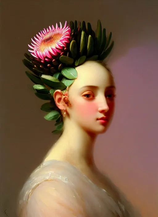 Image similar to stunning spanish godess, detailed pink and white protea head peace against a black backdrop by ivan aivazovsky, wlop, oil painting, beautiful soft lighting, muted colours, artstation