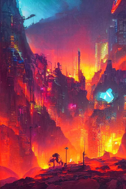 Prompt: a cyberpunk city in the crater of a volcano, lava flowing, smoke, fire, neon, clubs, festival, lasers, industrial, by paul lehr, jesper ejsing