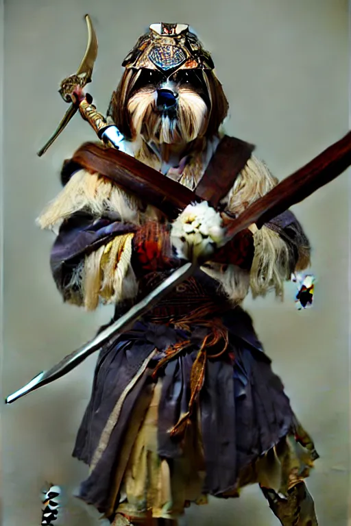 Prompt: a anthropomorphic shih - tzu warrior, holding a nodachi, diffuse lighting, fantasy, intricate, elegant, highly detailed, lifelike, photorealistic, digital painting, artstation, illustration, concept art, smooth, sharp focus, naturalism, trending on byron's - muse, by greg rutkowski and greg staples and alphonse mucha