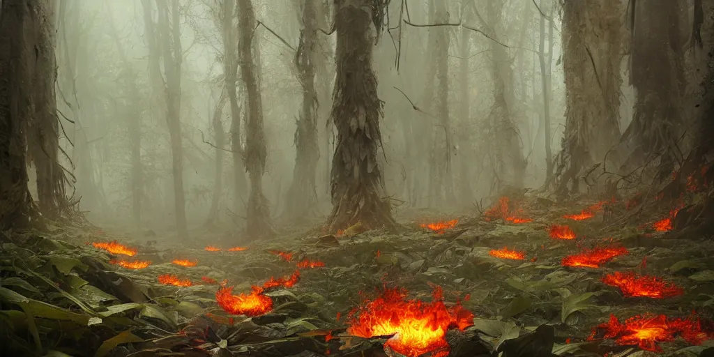 Prompt: a flaming forest, flaming leaves, magma, flame ferns, flame shrubs, huge flame fantasy plant, covered in flame porcelain vine, artstation, by jakub rozalski, greg rutkowski, anthony avon