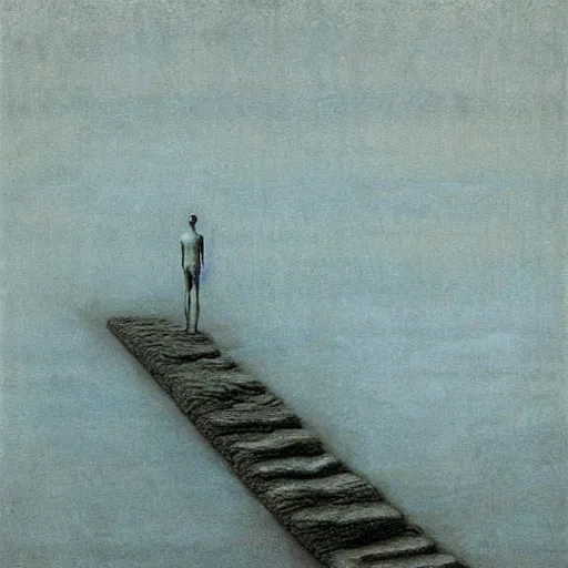 Image similar to backrooms swimming pool liminal space, a little man lost in immensity by zdzislaw beksinski