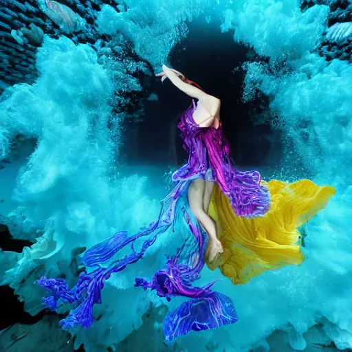 Image similar to woman dancing underwater wearing a flowing dress made of blue, magenta, and yellow seaweed, delicate coral sea bottom, swirling silver fish, swirling smoke shapes, unreal engine, caustics lighting from above, cinematic, hyperdetailed