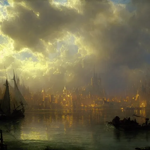 Prompt: detailed painting of lake town from lord of the rings retroscifi interior, volumetrics lights, beam of bright lights through the clouds, andreas achenbach