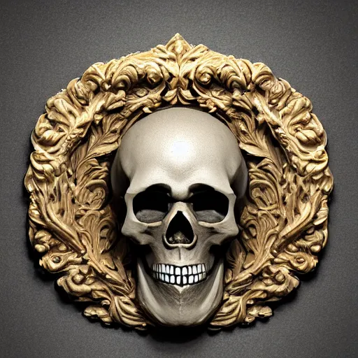 Image similar to hyper realistic photography of renaissance skull ornament relief leaves, cinematic, symmetric, artstation, cgsociety