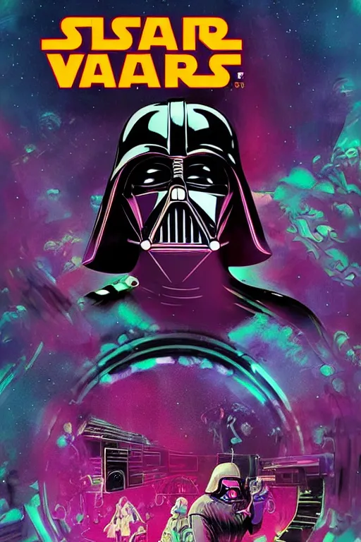 Prompt: the most amazing dream of darth vader science fiction dj deathstar turntable disco astronauts at a rave, syd mead, dan mumford, moebius, hd, vibrant color, high contrast, digital illustration, marvel comicbook cover