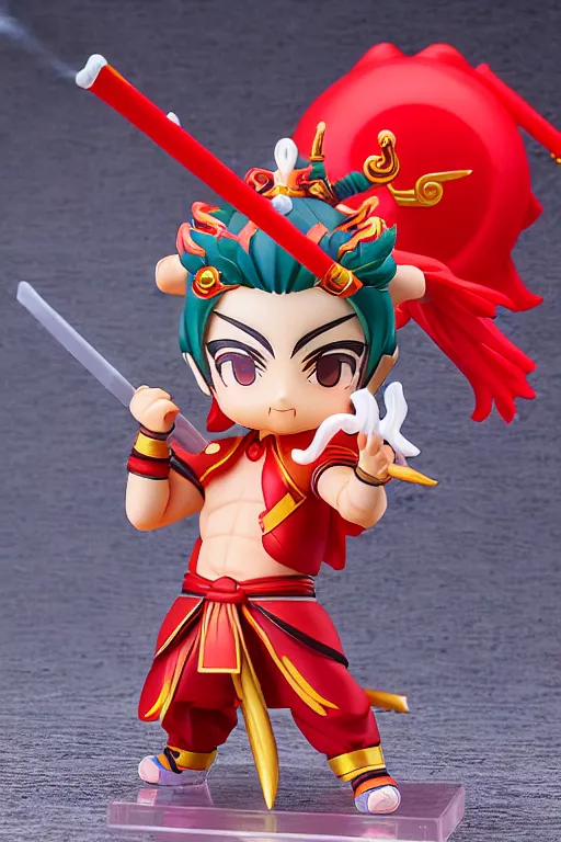 Image similar to arty chinese mythology ne zha nendoroid full body hyperdetalied, hero action pose, osamu tezuka, macoto takahashi, chibi, q posket, 8 k realistic, 3 d, cryengine, exquisite, red cloth around his shoulders, hold spear, ne zha ( 2 0 1 9 ), fenghua zhong,